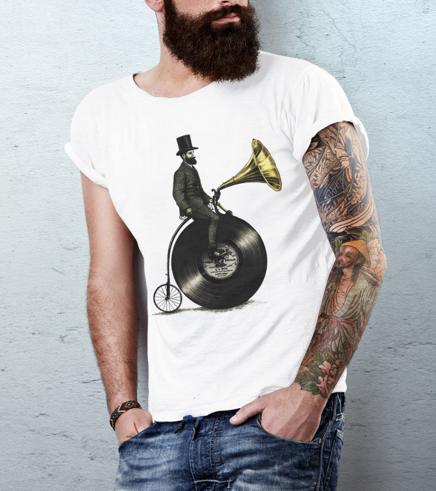 Clasic Music Man On Vintage Phonograph Bicycle With Top Hat And Vinyl Record Wheel T-Shirt