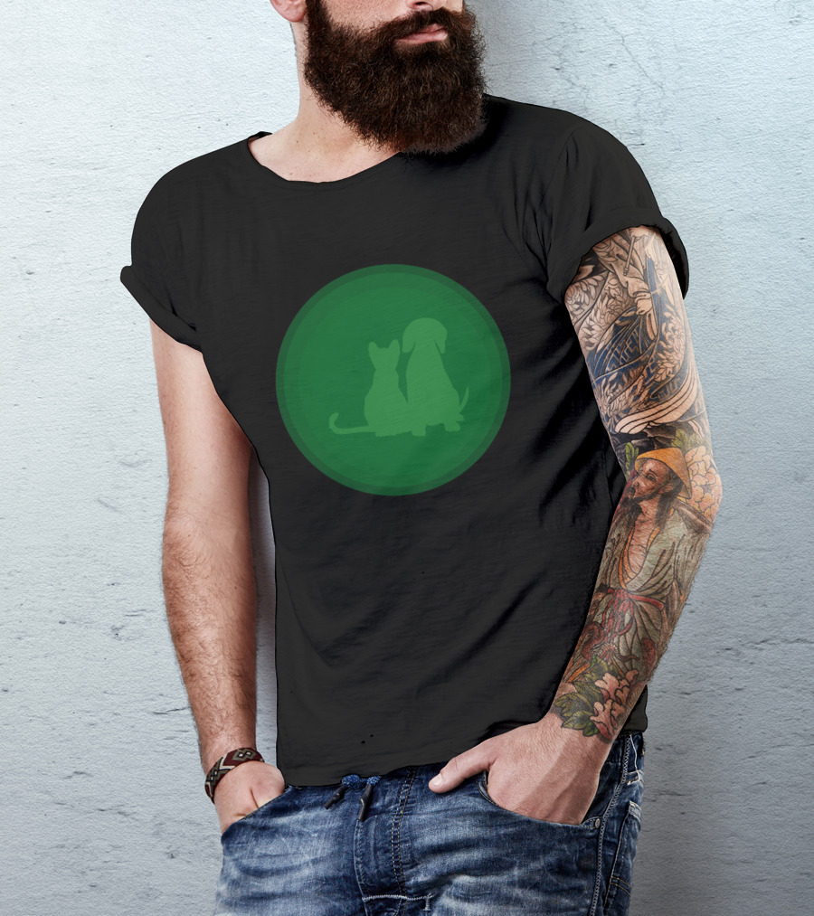 Dogandcat Silhouette In Green Circle T-Shirt