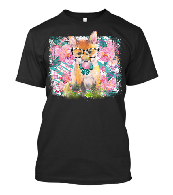 Fox With Checkered Glasses Bubblegum Bow Floral Background Peonies T-Shirt