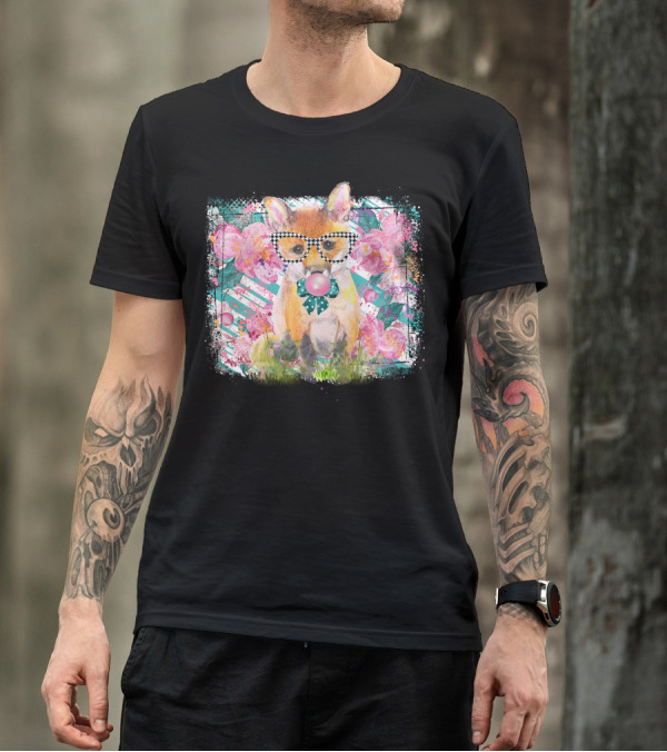 Fox With Checkered Glasses Bubblegum Bow Floral Background Peonies T-Shirt