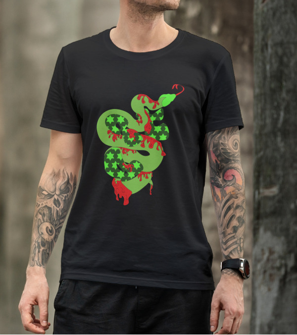 Green Snake With Stars And Red Accents T-Shirt