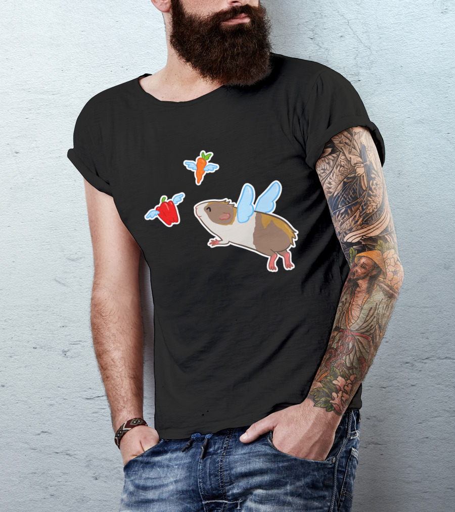 Guinea Pig With Wings Chasing Flying Carrot And Bell Pepper T-Shirt