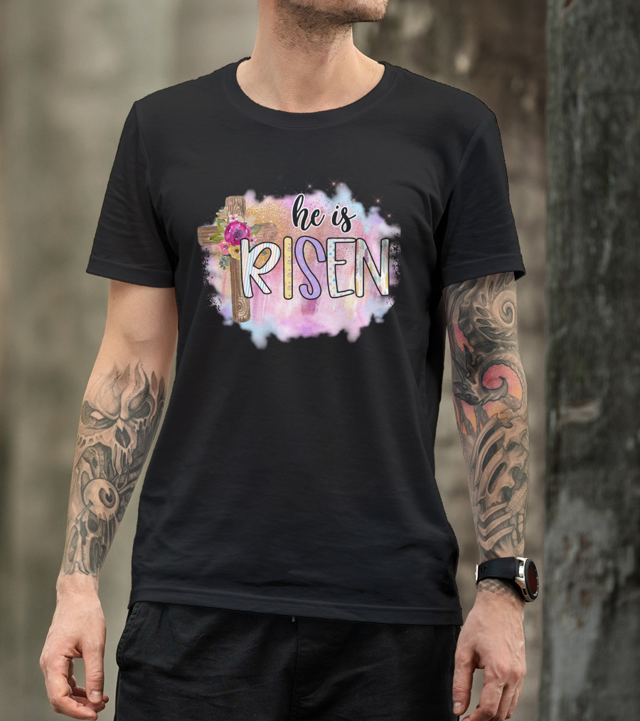 He Is Risen Floral Cross Colorful Clouds T-Shirt