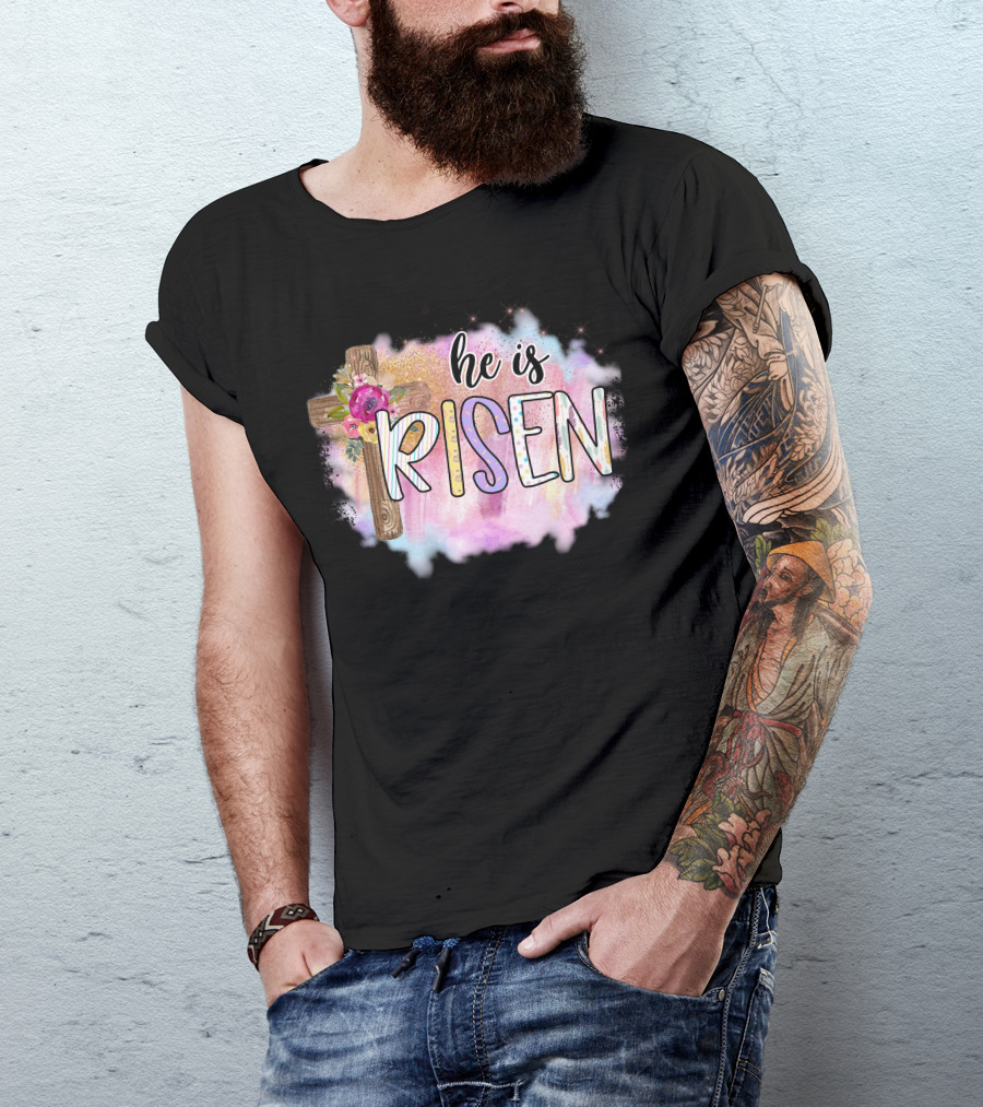 He Is Risen Floral Cross Colorful Clouds T-Shirt