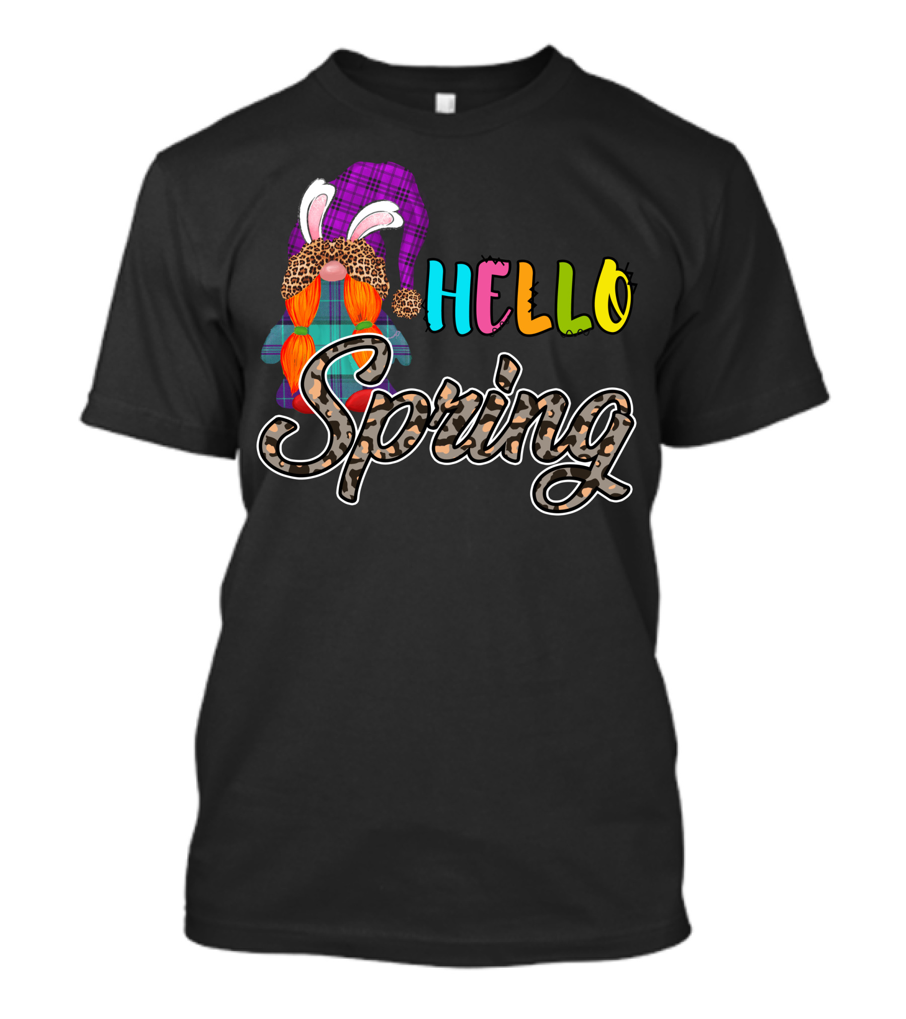Hello Spring Gnome Bunny Ears Plaid Leopard T-Shirt