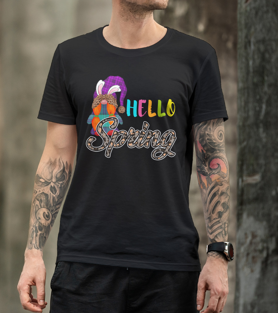 Hello Spring Gnome Bunny Ears Plaid Leopard T-Shirt