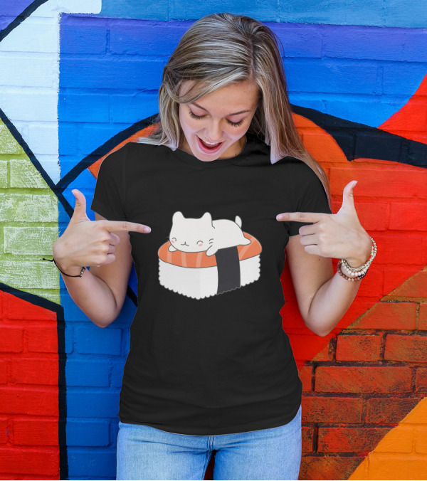 Kawaii Sushi Cat Adorable Cartoon Sleeping Maki Roll T-Shirt