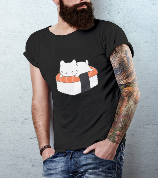 Kawaii Sushi Cat Adorable Cartoon Sleeping Maki Roll T-Shirt