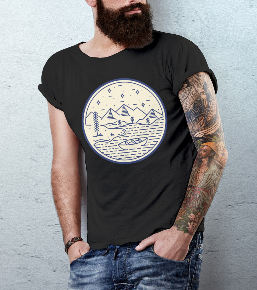 Lake Canoe Mountain Stars Nature Scene T-Shirt