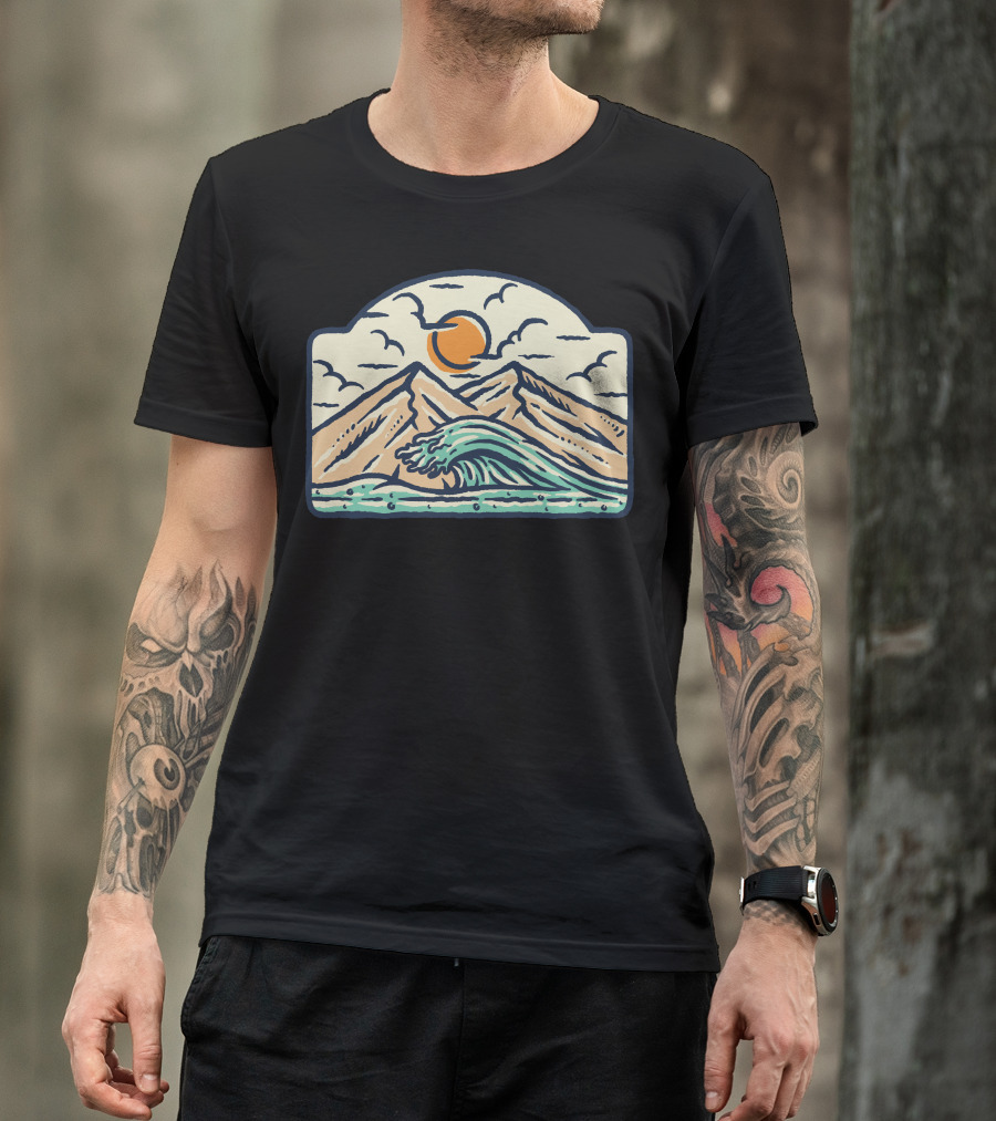 Mountain And Wave Sunset With Clouds And Sun T-Shirt