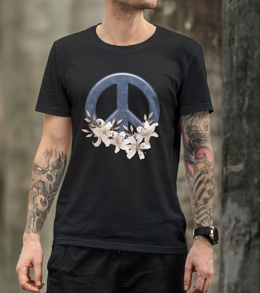 Peace Floral With Blue Starry Peace Symbol And White Lilies T-Shirt