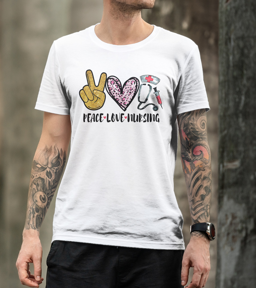Peace Love Nursing Glitter Heart Stethoscope Syringe Hat T-Shirt