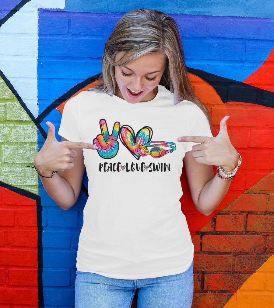 Peace Love Swim Tie-Dye Peace Sign Heart And Goggles T-Shirt