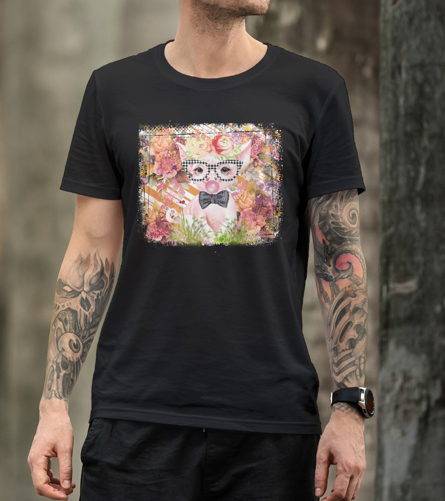 Floral Pig With Checkered Glasses And Bow Tie T-Shirt
