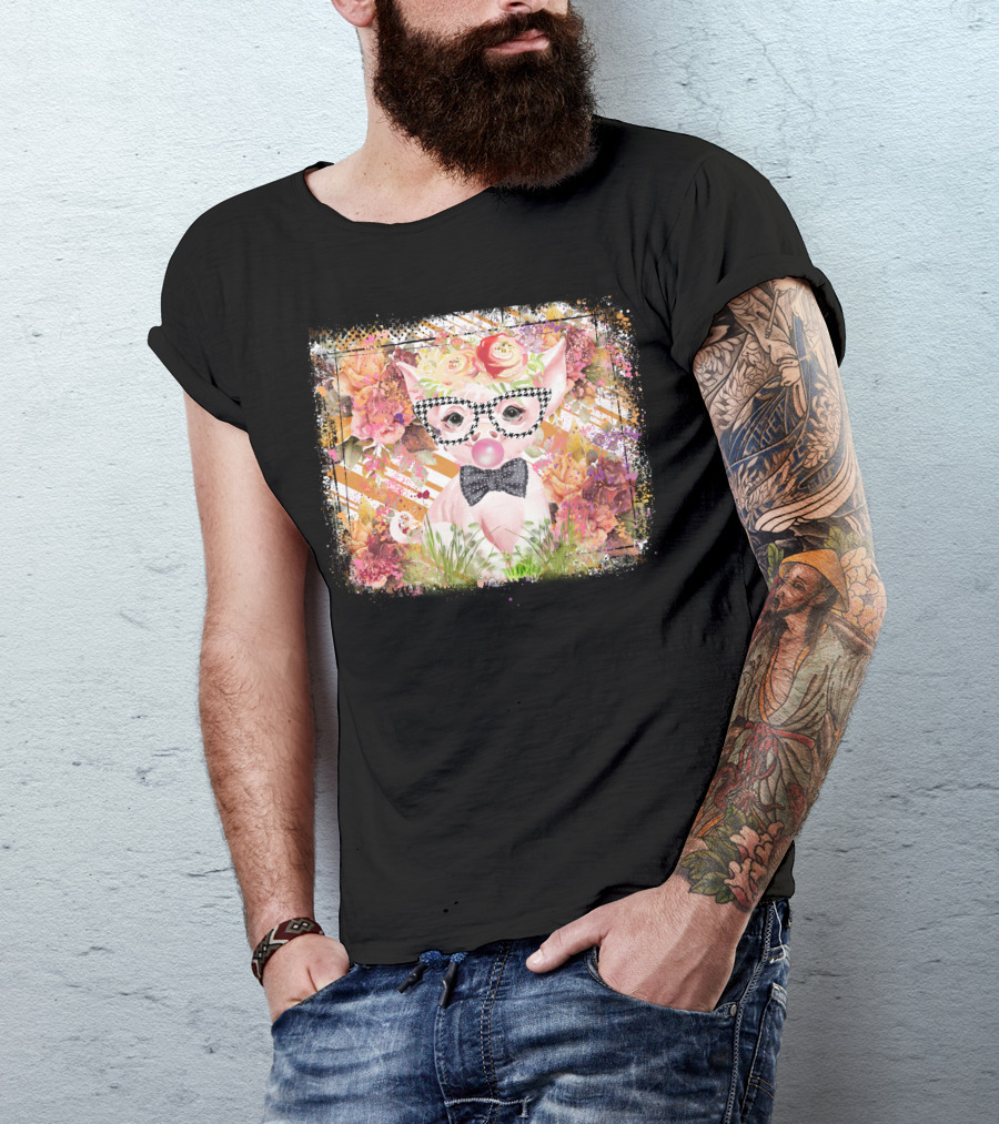 Floral Pig With Checkered Glasses And Bow Tie T-Shirt