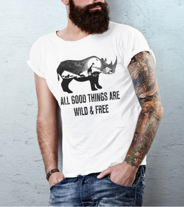 Rhoino All Good Things Are Wild And Free With Safari Animal Silhouette Scene T-Shirt