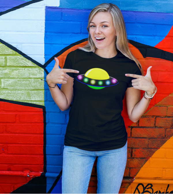 Rocket Astronaut UFO Planets Space Colorful Flying Saucer T-Shirt