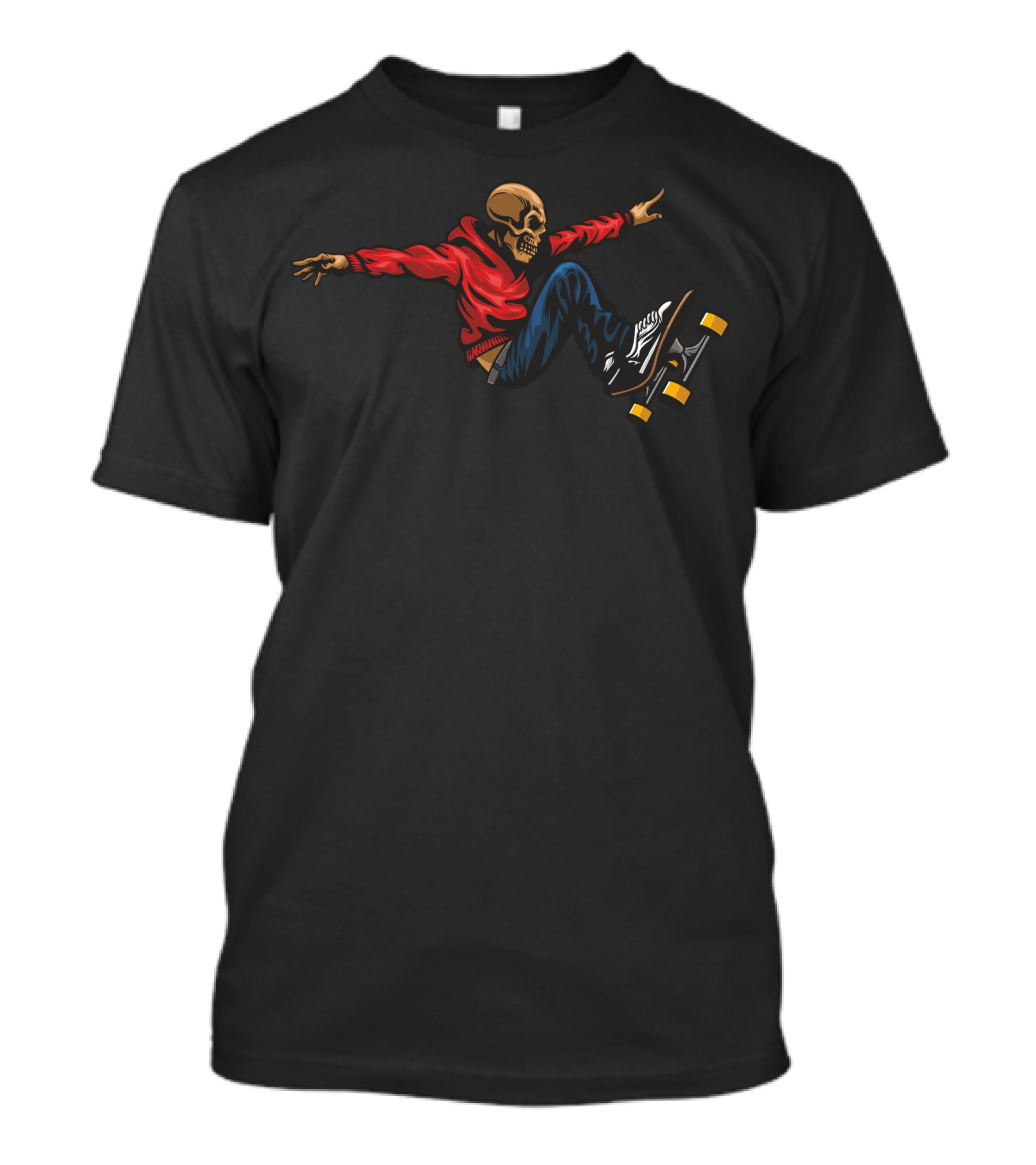 Skateboarder Skull In Red Hoodie Jumping With Yellow Wheels T-Shirt