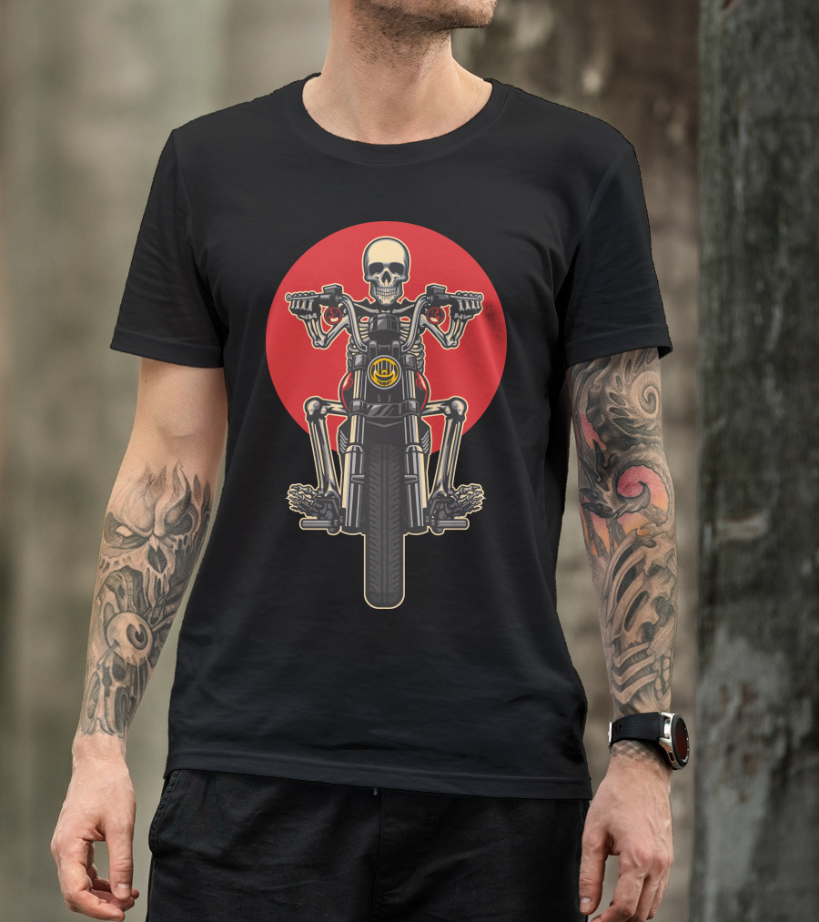 Skull Motorcycles Skeleton Rider On Chopper Motorcycle With Red Circle Background T-Shirt