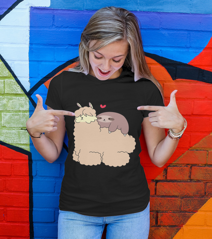 Sloth With Heart Rests On Fluffy Alpaca T-Shirt