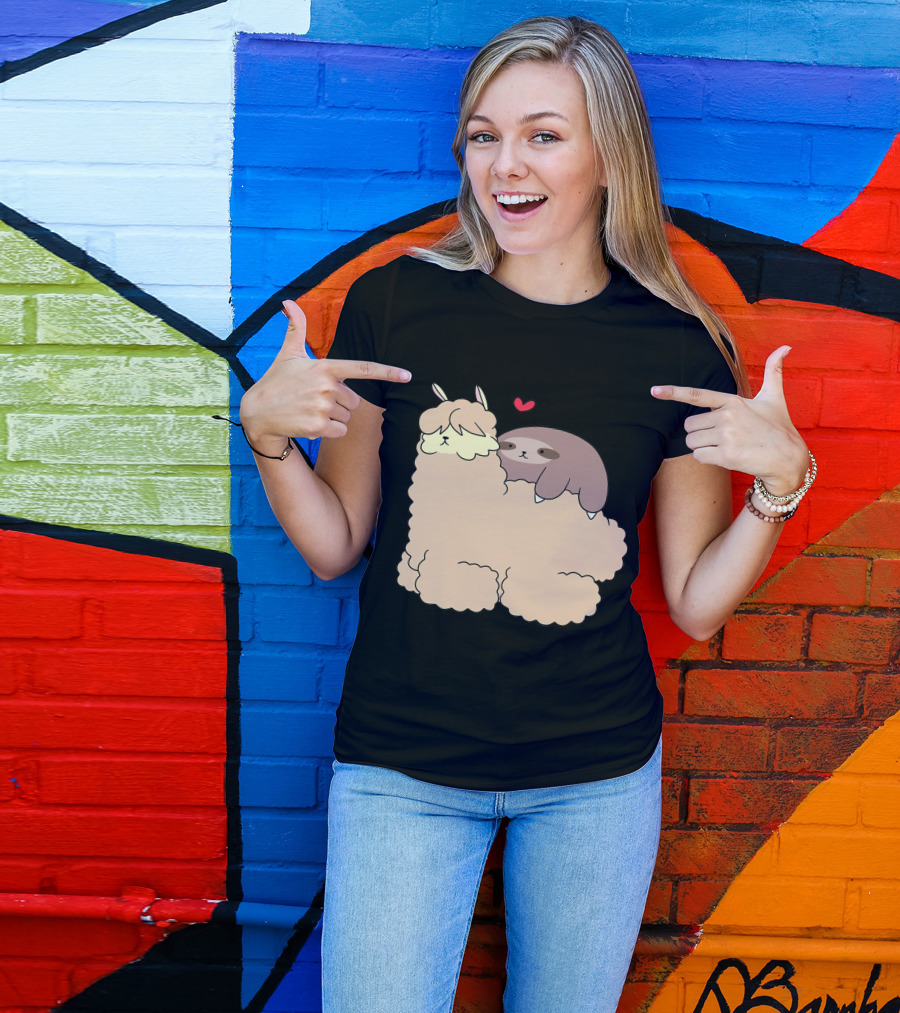 Sloth With Heart Rests On Fluffy Alpaca T-Shirt