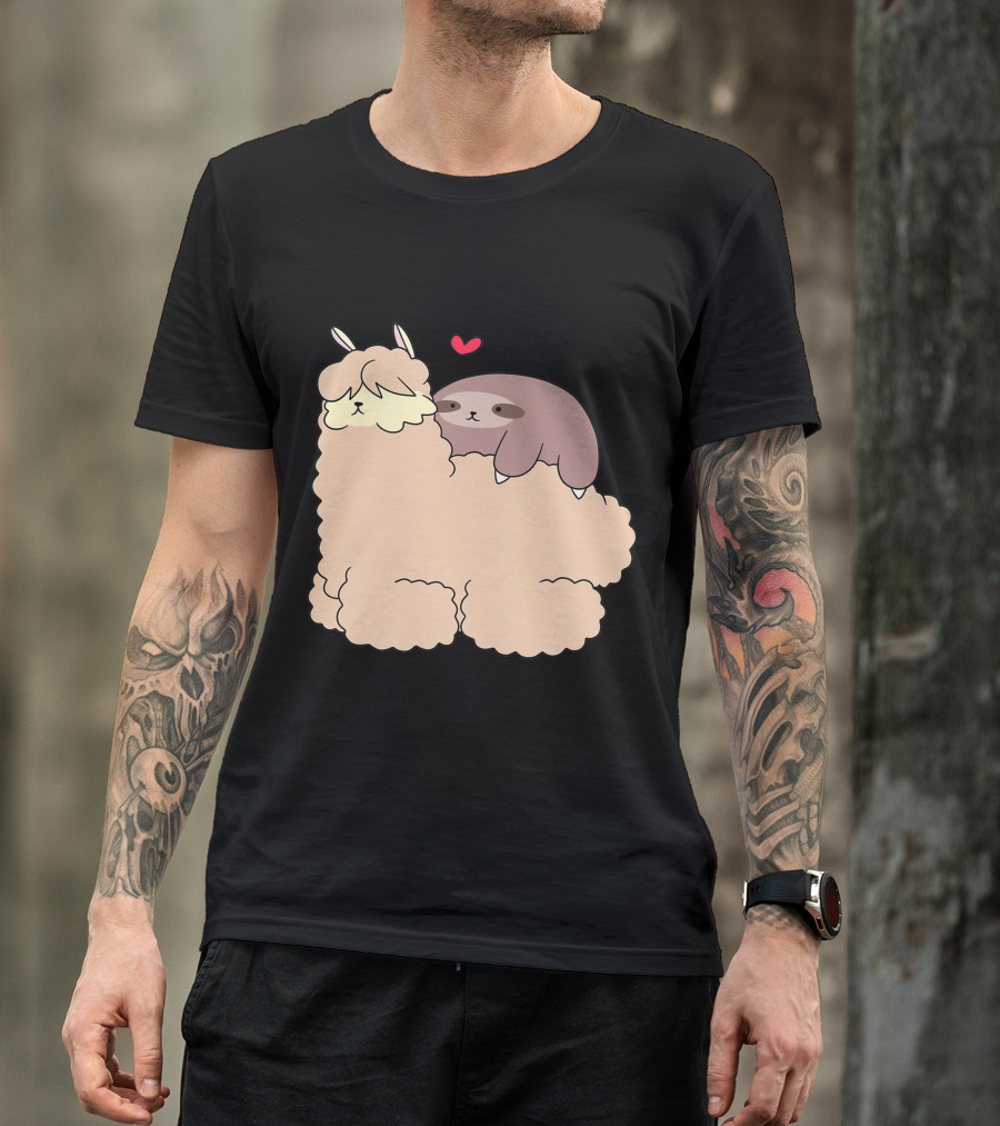Sloth With Heart Rests On Fluffy Alpaca T-Shirt