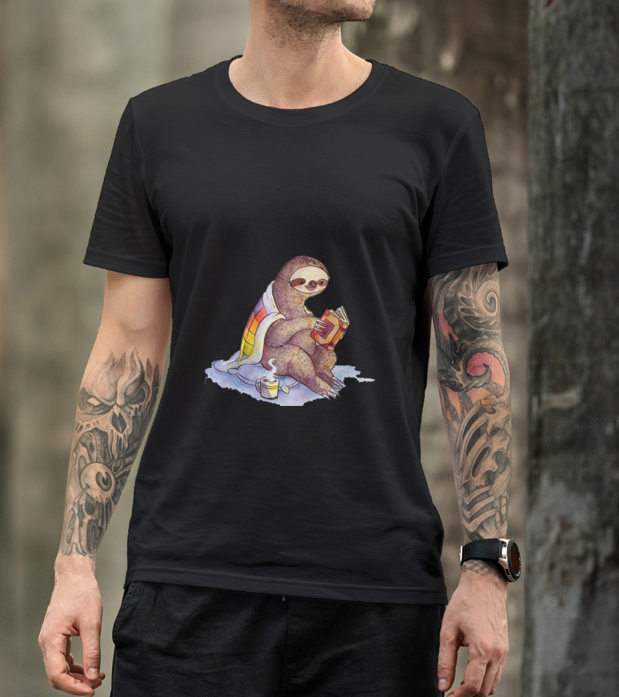 Cozy Sloth Enjoying Booktime With Blanket And Coffee T-Shirt