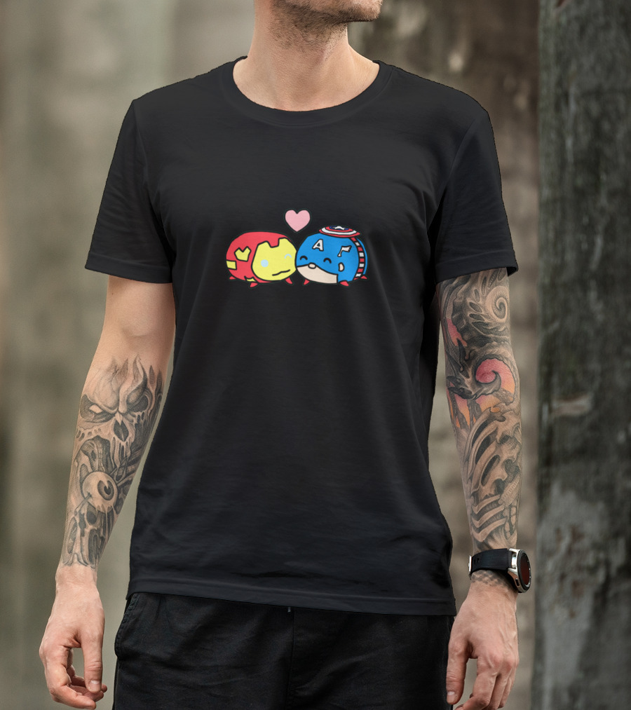 Stony Marvel Tsum Tsum Iron Man Captain America Cuddling With Heart T-Shirt