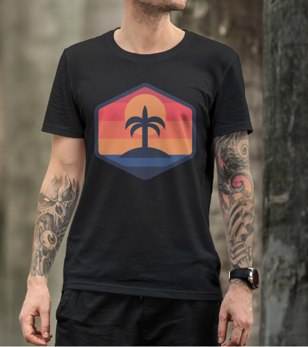 Sunset Beach Island Palm Silhouette Sunrise Badge T-Shirt