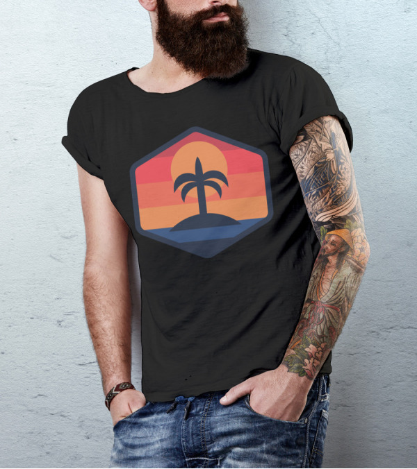 Sunset Beach Island Palm Silhouette Sunrise Badge T-Shirt