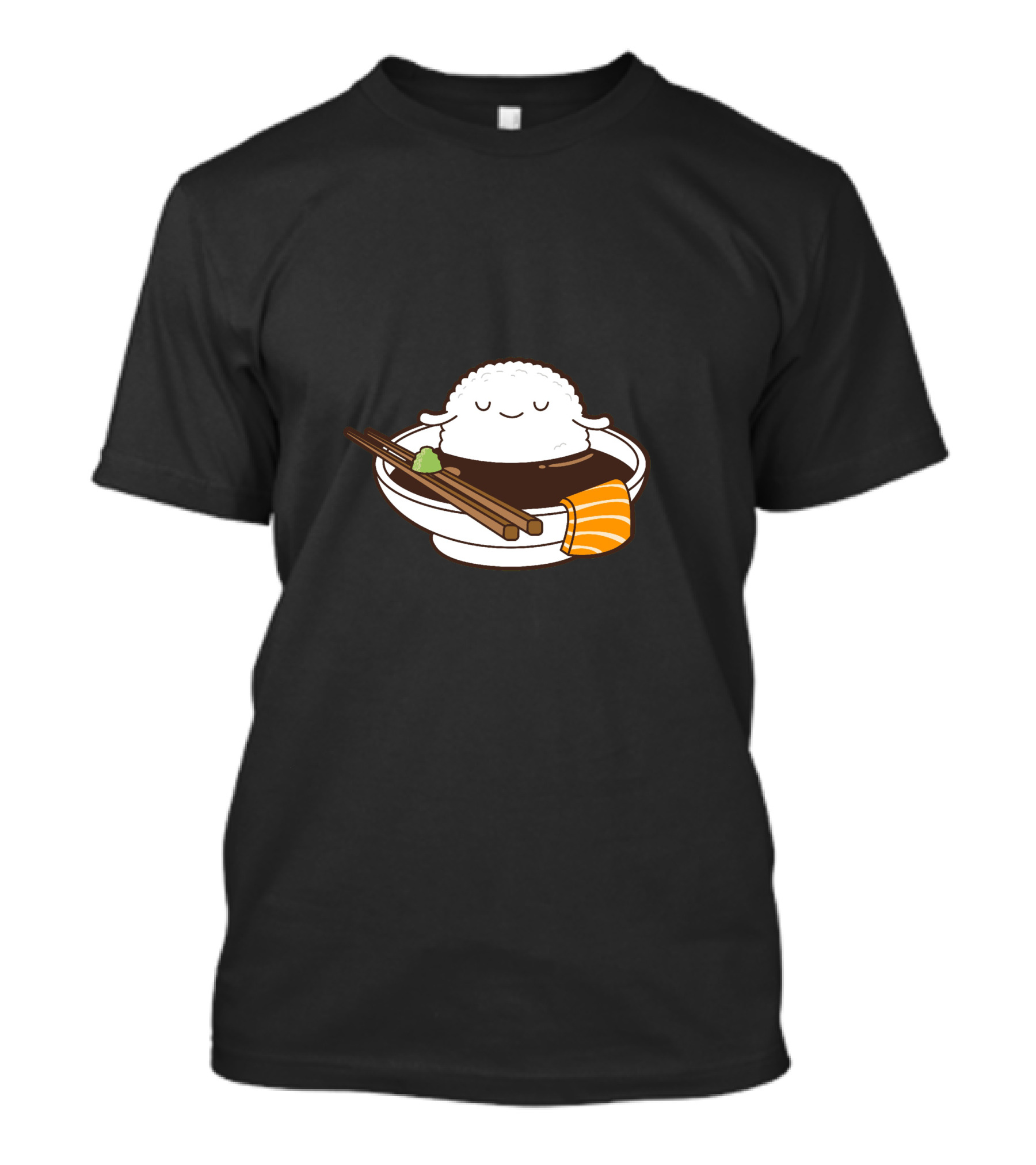 Rice Ball Relaxing In Soy Sauce Bowl With Chopsticks And Salmon Sushi T-Shirt
