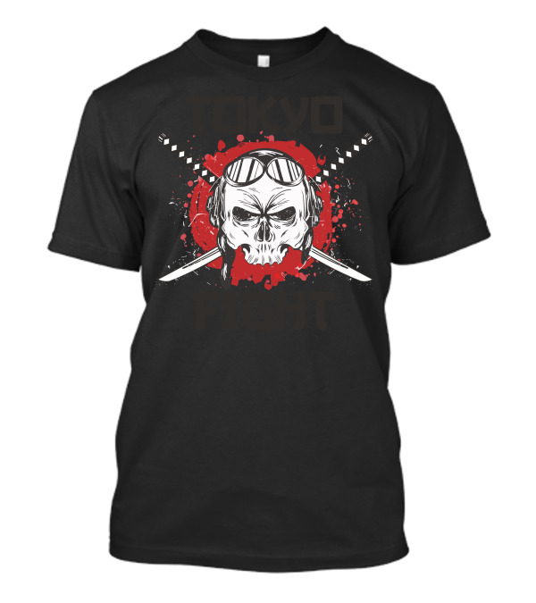 Tokyo Fight Japan Samurai Skull With Katana And Red Sunburst T-Shirt