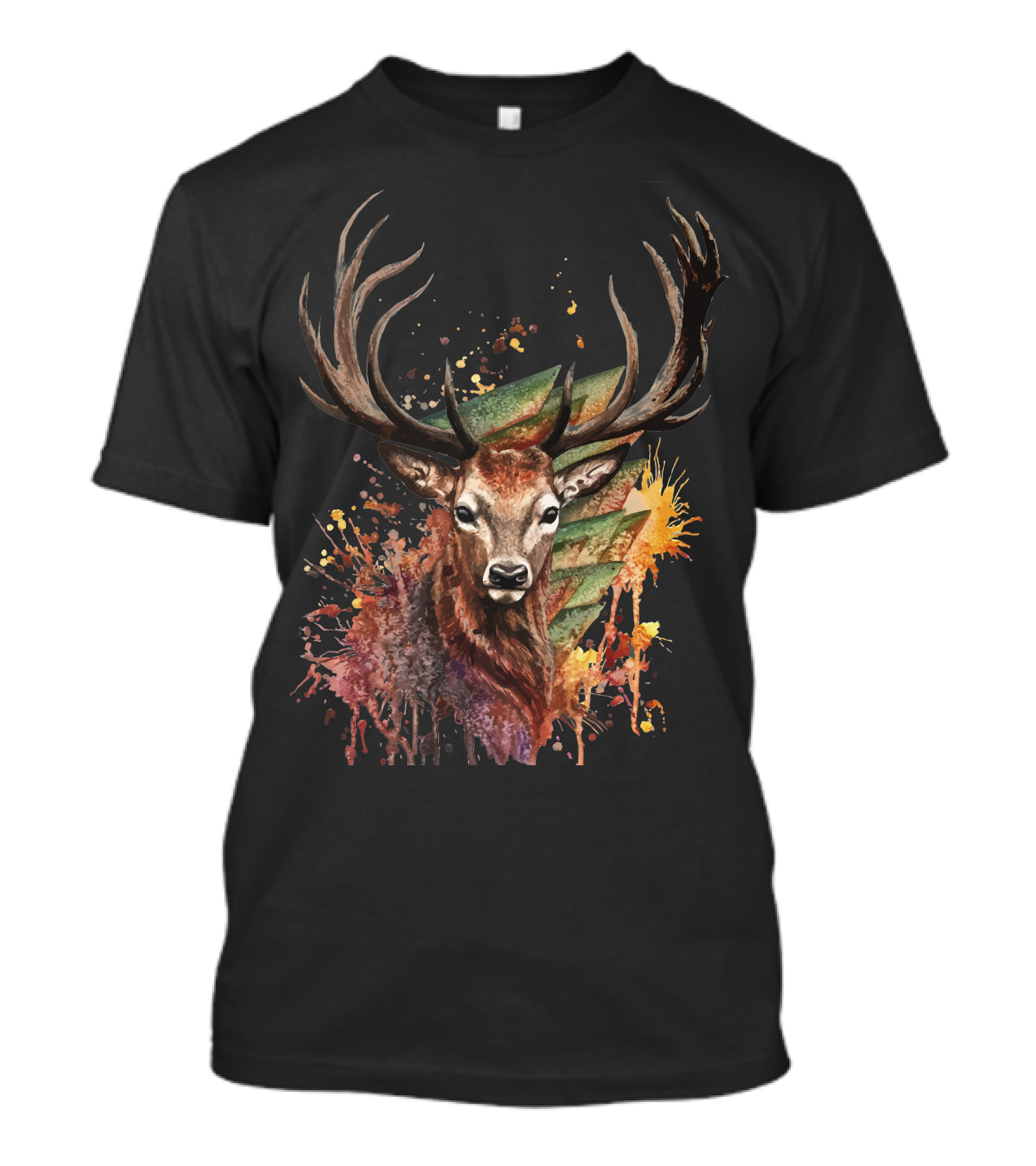 Watercolor Deer Painting Splatter Antlers Forest Burst T-Shirt