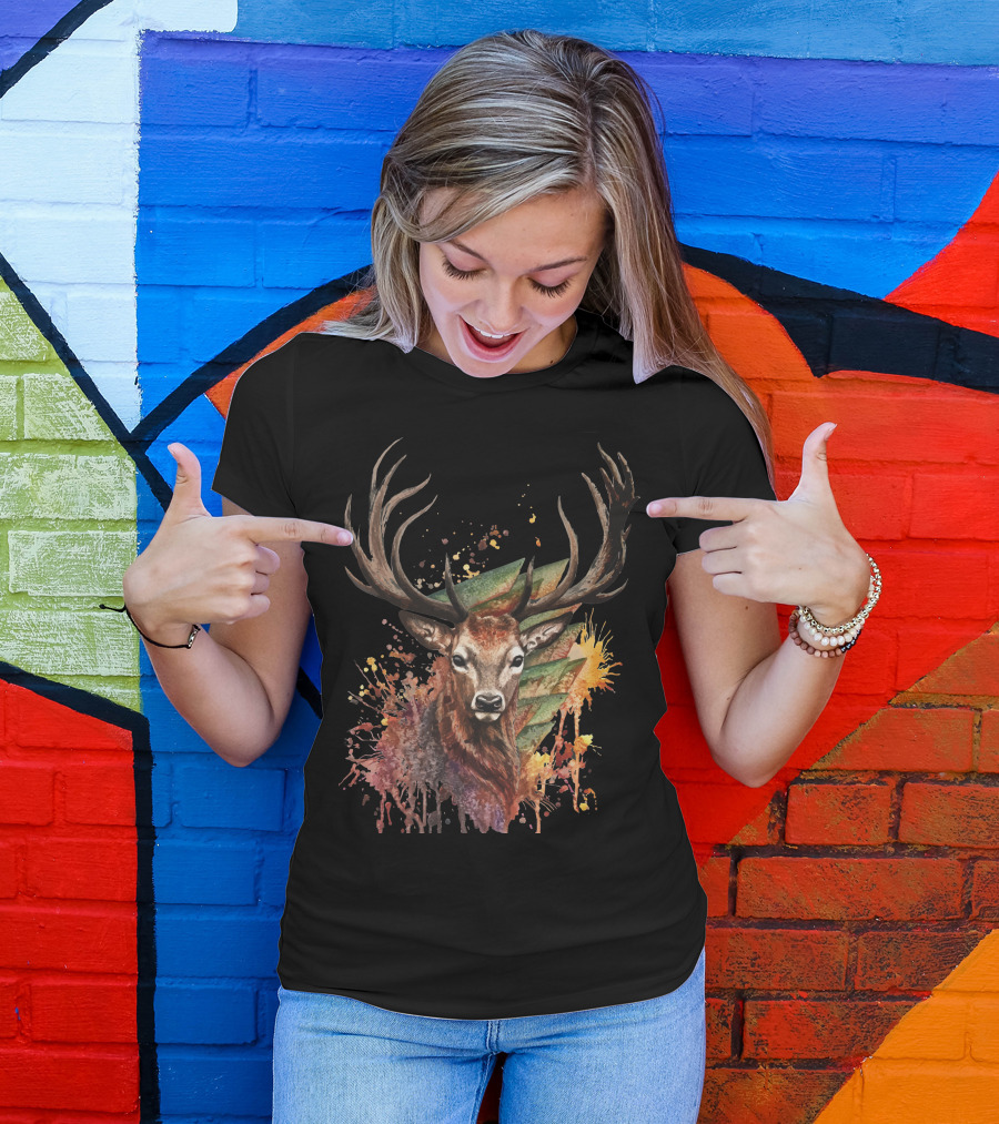 Watercolor Deer Painting Splatter Antlers Forest Burst T-Shirt