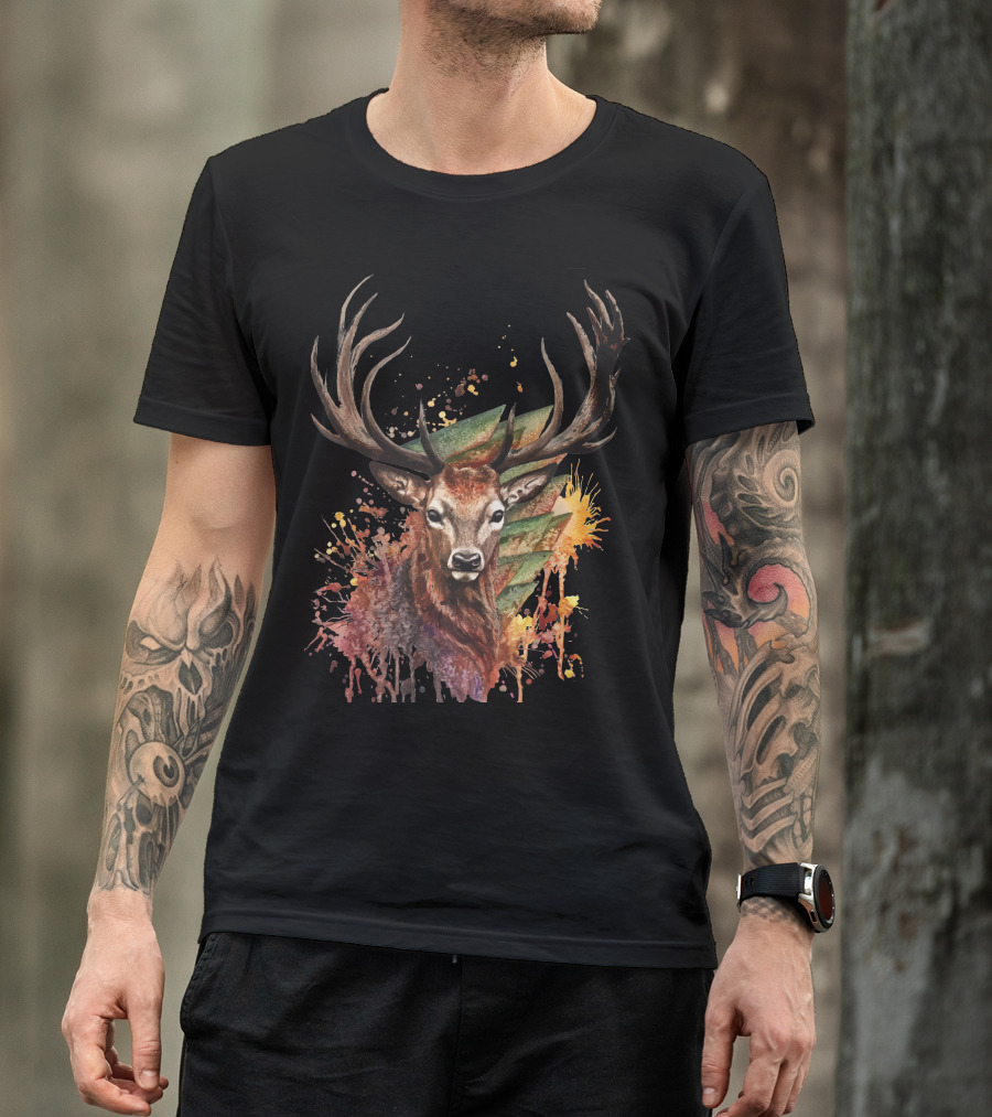 Watercolor Deer Painting Splatter Antlers Forest Burst T-Shirt