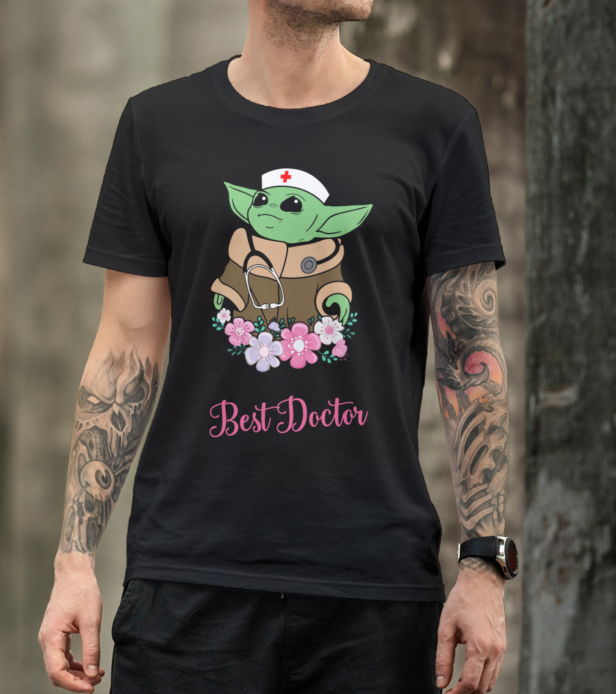 Yoda Best Doctor With Flowers And Stethoscope T-Shirt