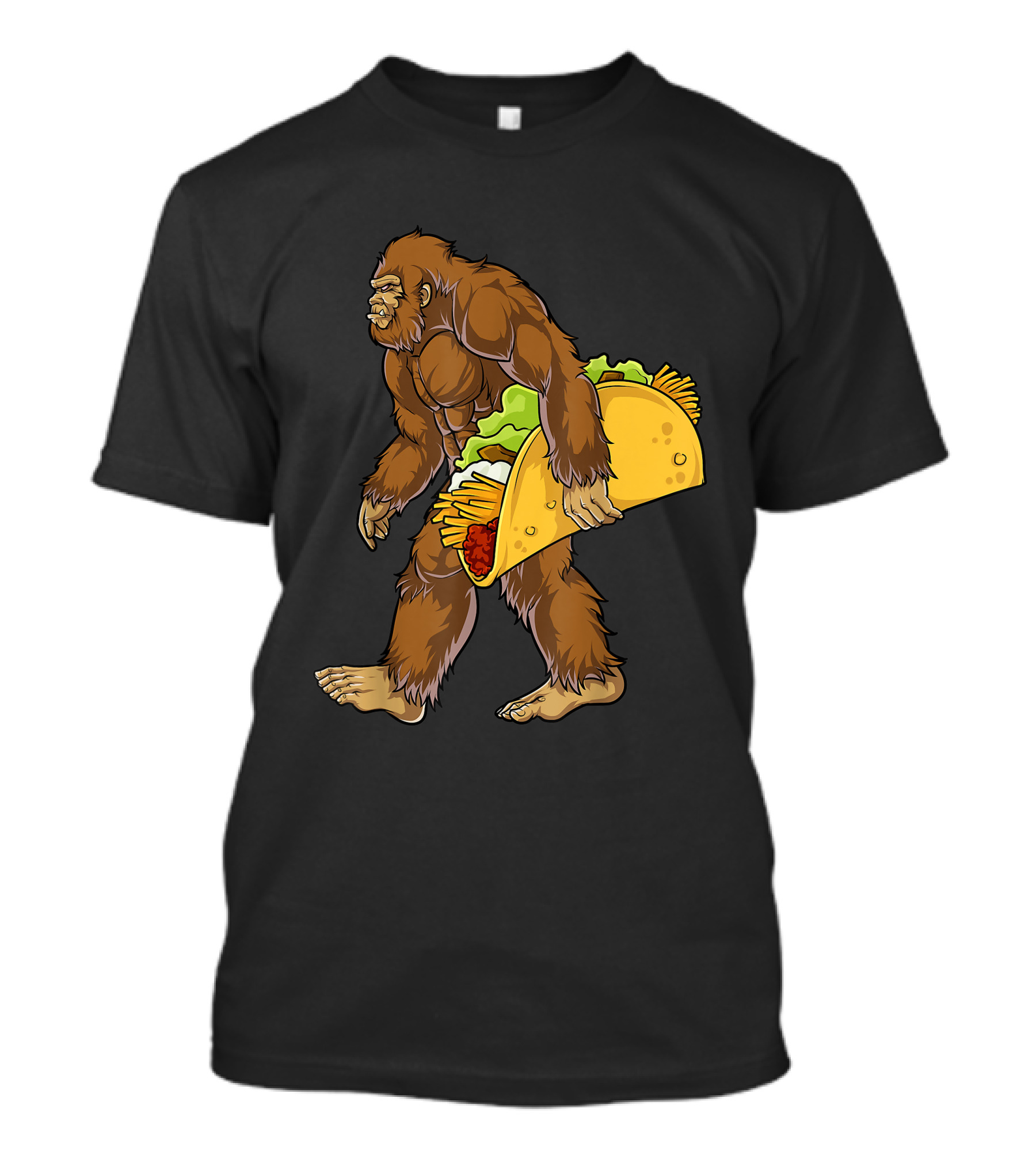 Bigfoot Walking With Giant Taco Filled With Lettuce Cheese And Meat T-Shirt