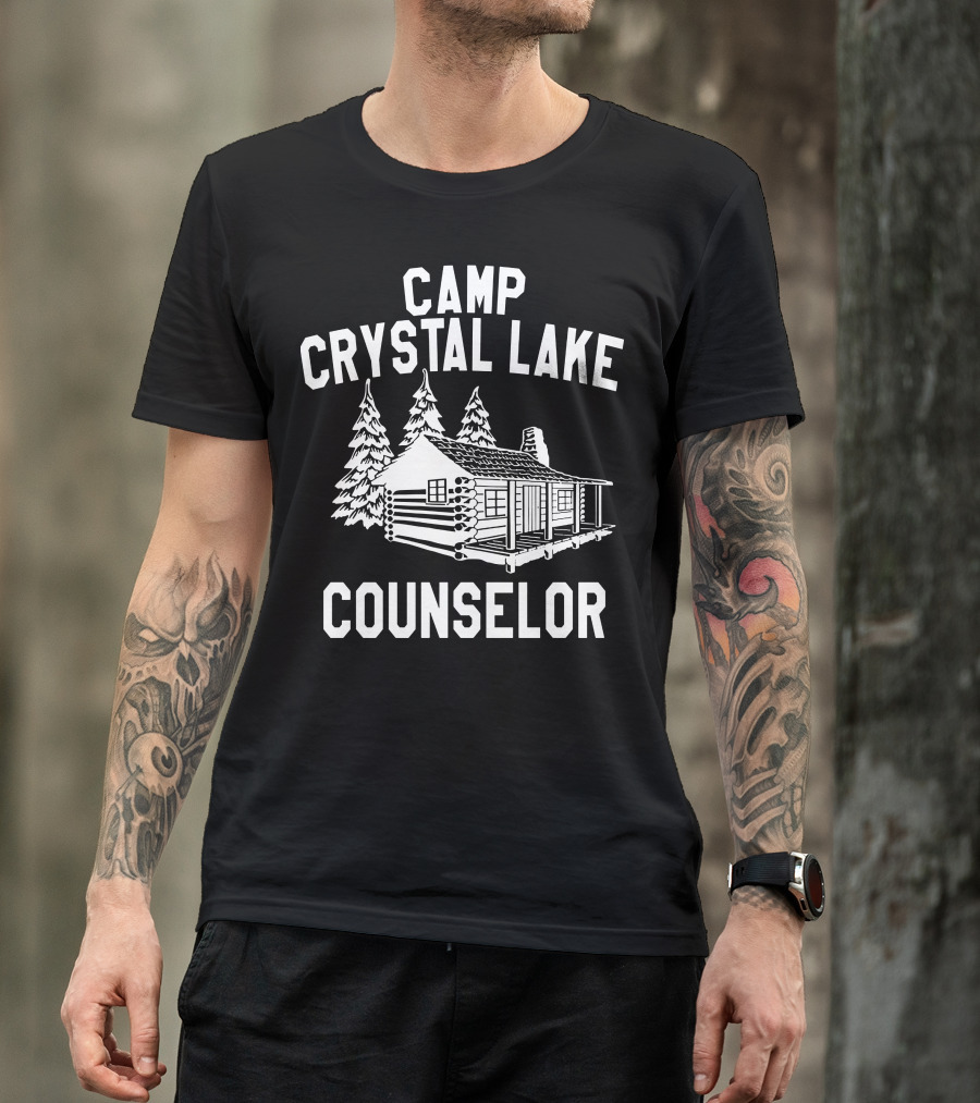 Camp Crystal Lake Counselor Log Cabin And Pine Trees T-Shirt