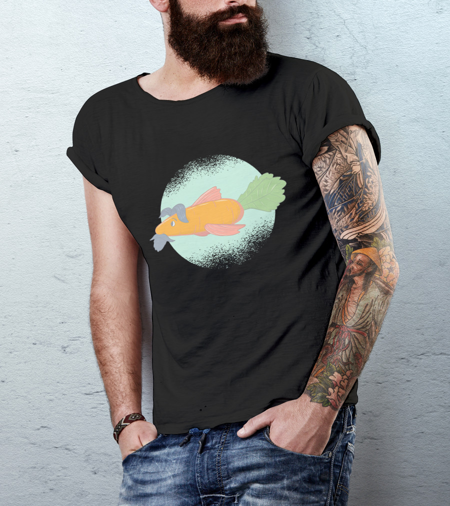 Carrot Fish With Mustache And Leaf Tail On Speckled Mint Circle T-Shirt