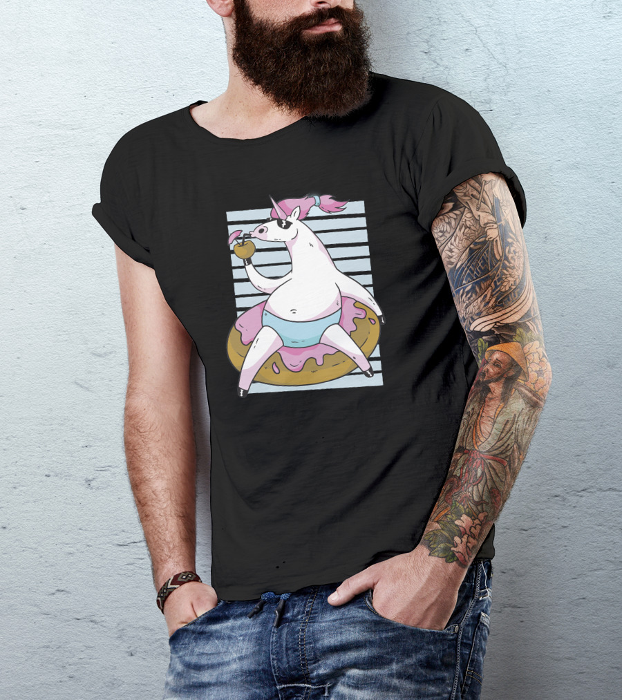 Chilling Unicorn Relaxing On Donut Pool Float With Cocktail Drink T-Shirt