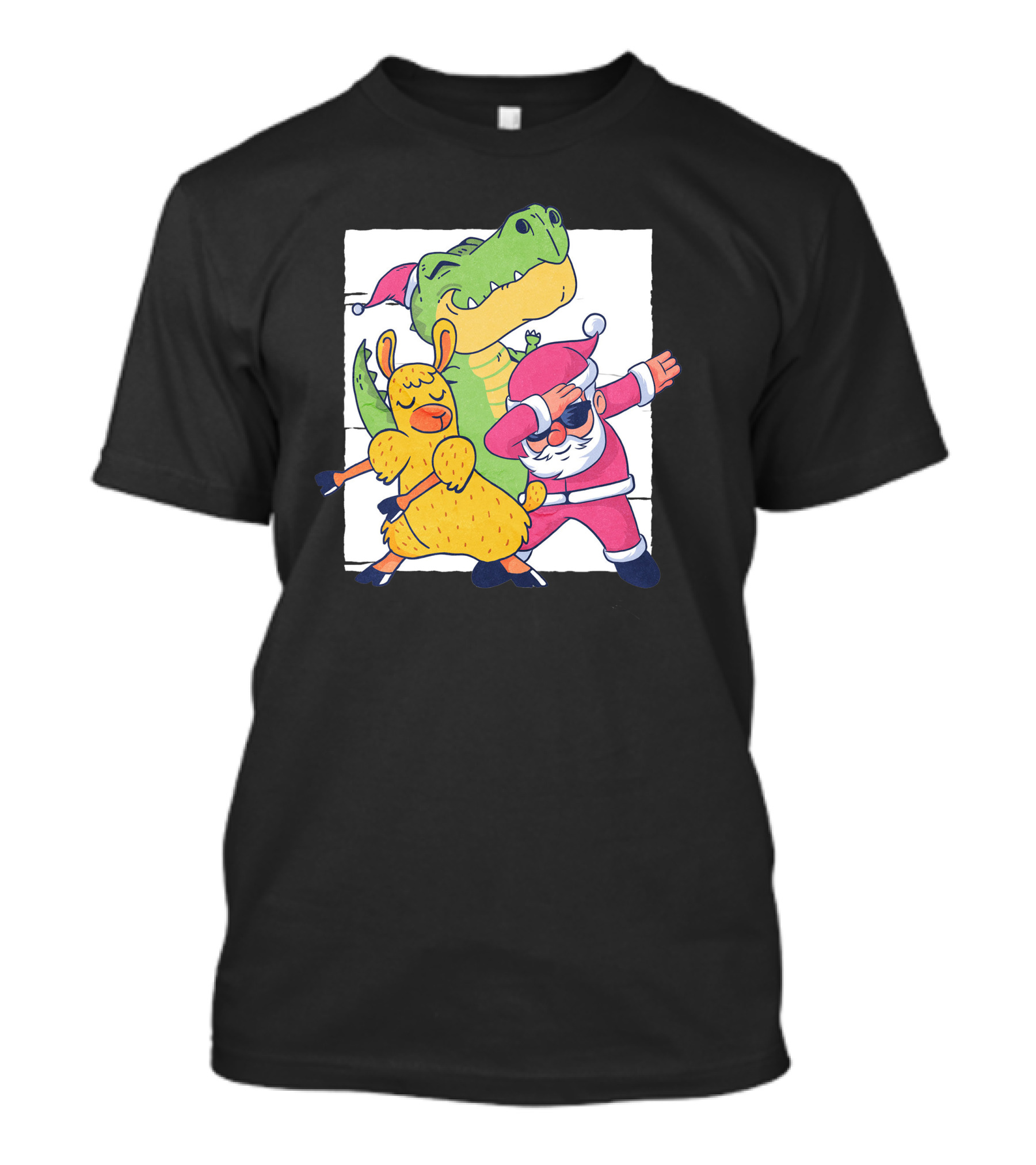 Santa Dabbing With Dinosaur And Llama In Christmas Characters T-Shirt