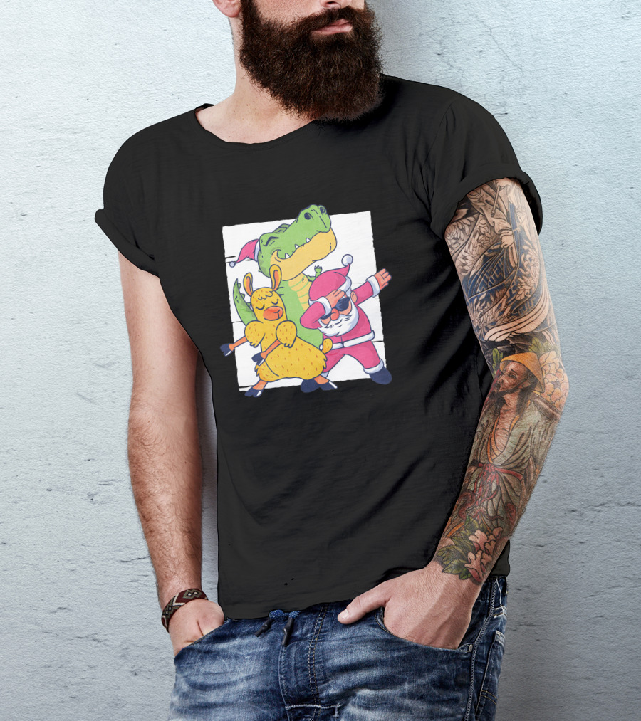 Santa Dabbing With Dinosaur And Llama In Christmas Characters T-Shirt