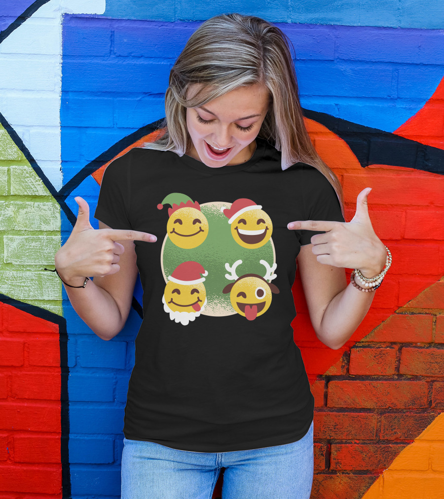Christmas Emoji Faces With Santa Hats And Reindeer Antlers T-Shirt