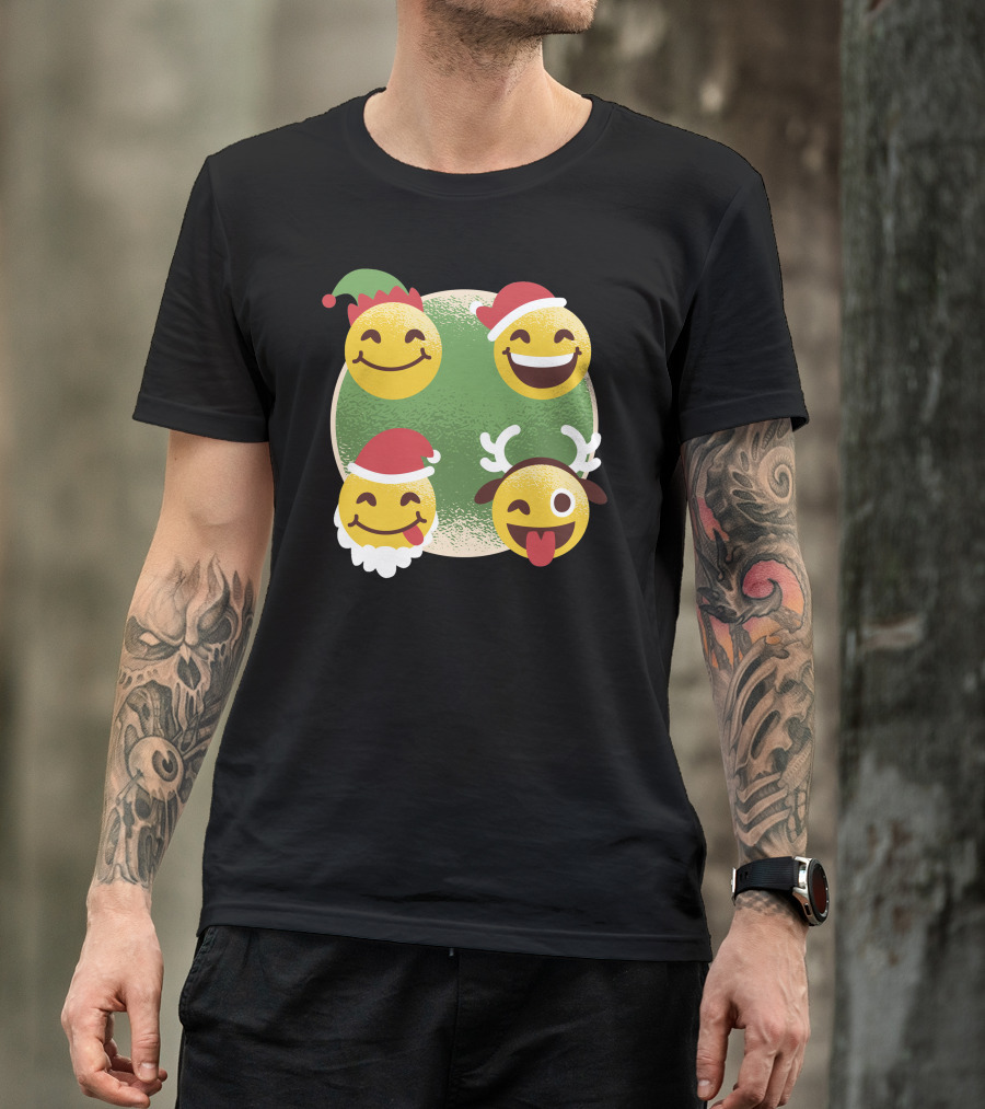 Christmas Emoji Faces With Santa Hats And Reindeer Antlers T-Shirt