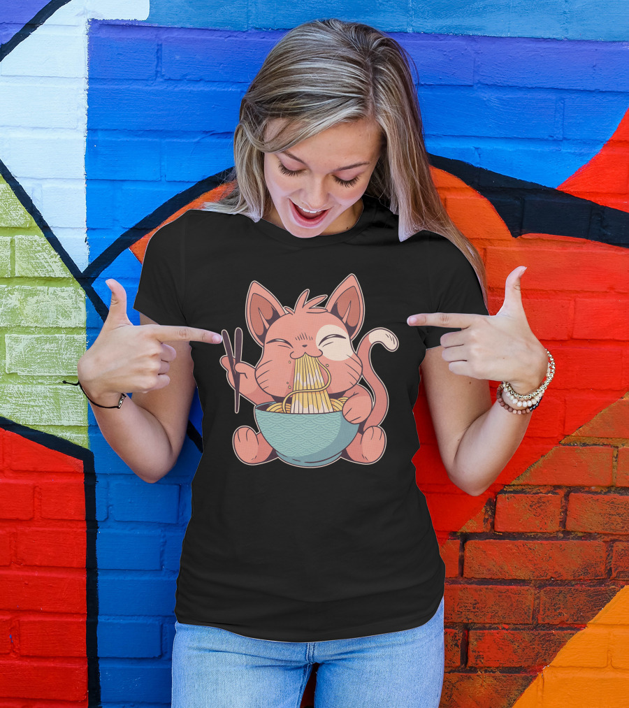 Cute Cat With Chopsticks Enjoying Ramen Noodles T-Shirt