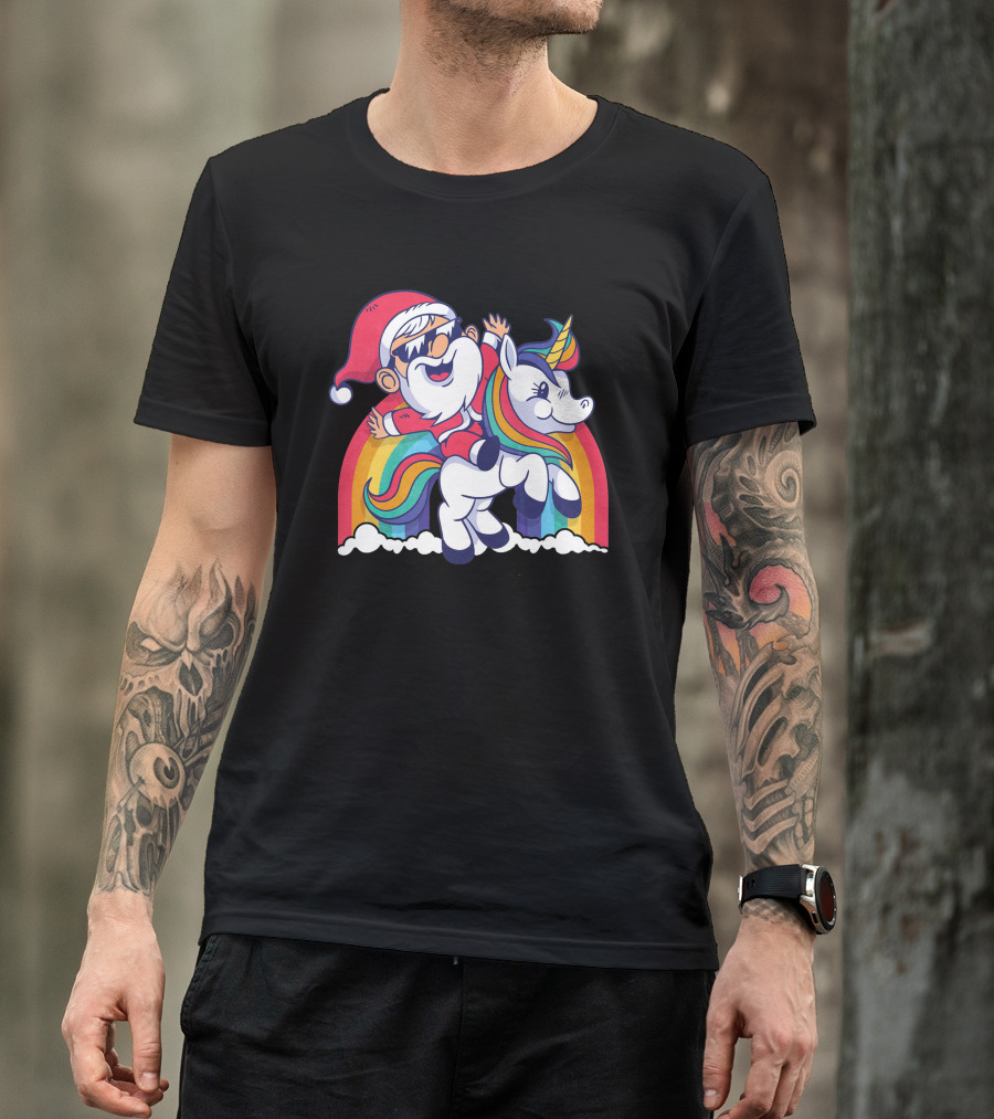 Cute Santa Unicorn Rainbow Adventure T-Shirt