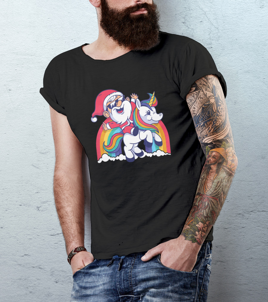 Cute Santa Unicorn Rainbow Adventure T-Shirt
