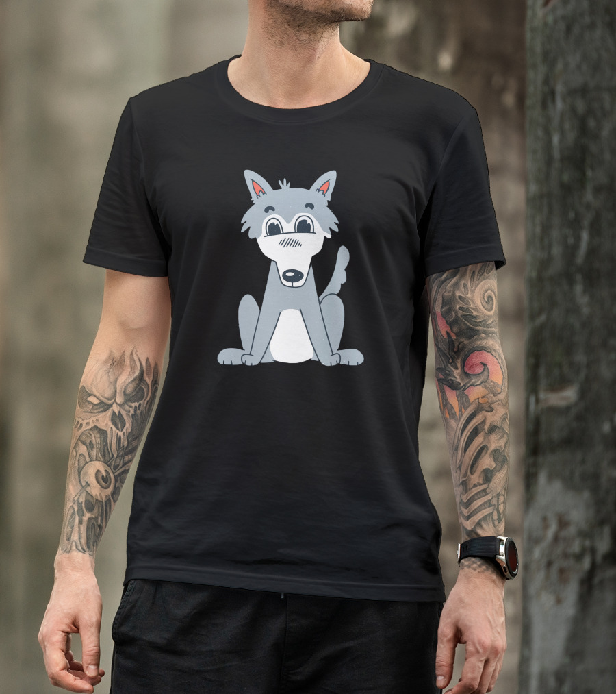Cute Wolf Cartoon Style Gray And White Playful Expression T-Shirt