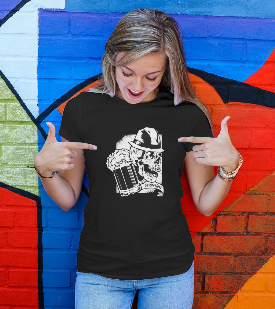 Dark Oktoberfest Skull With Beer Mug And Hat T-Shirt