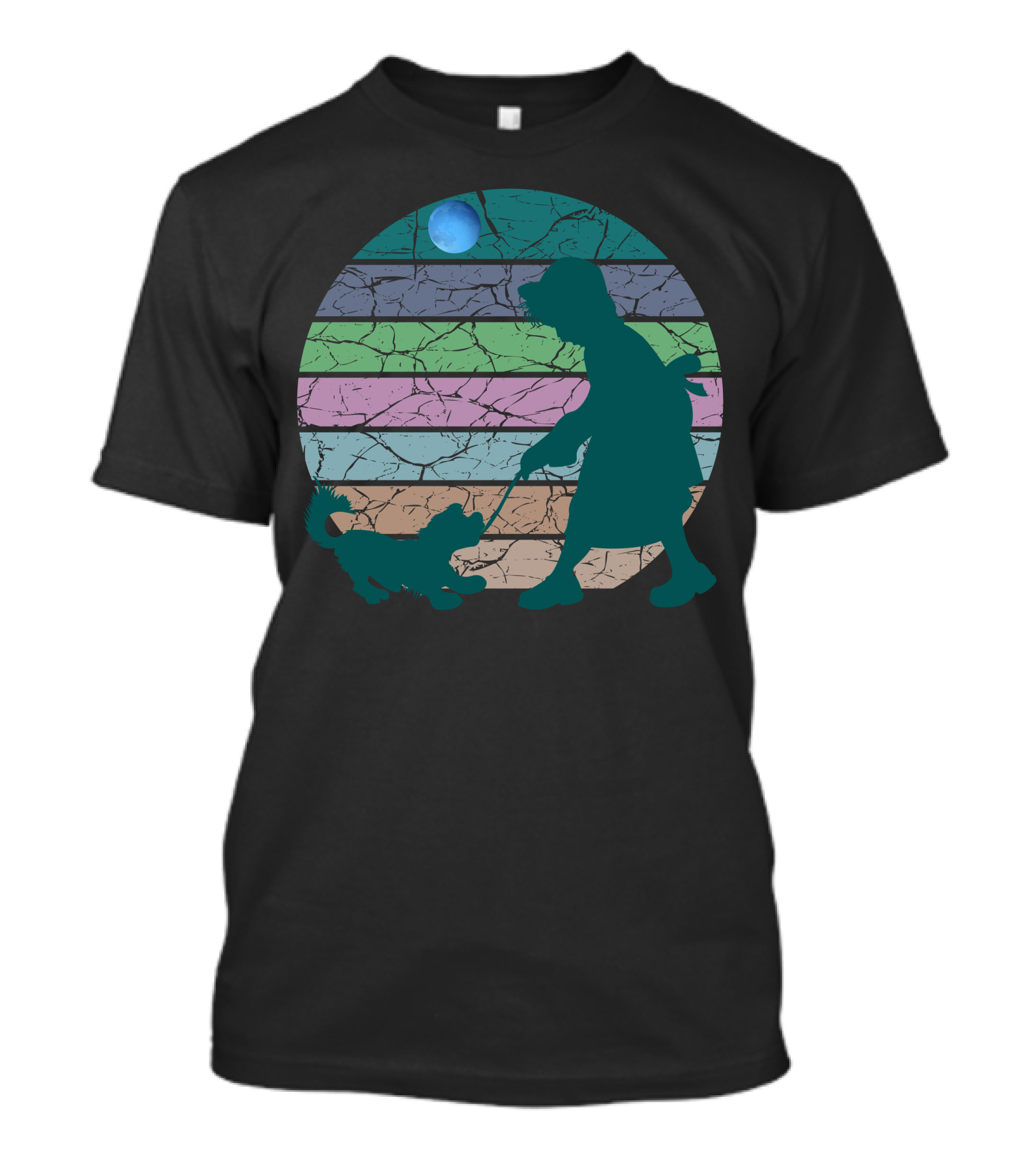 Little Girl Walking Dog Under Blue Moon Vintage Stripes T-Shirt